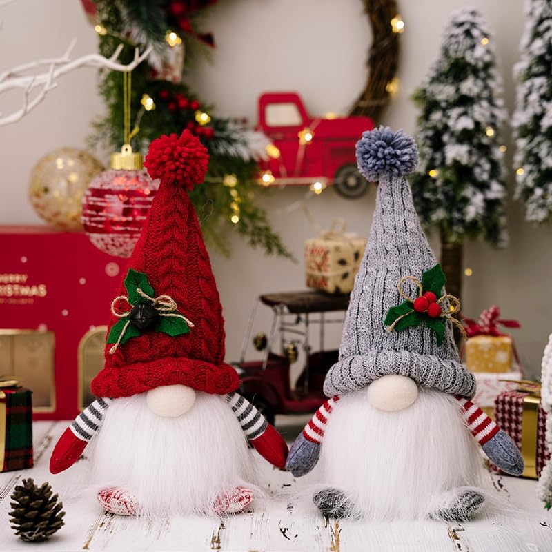 Skiennix Lighted Christmas Gnome Ornaments - LED Battery Operated Holiday Decor | 2 Pack (Red & Grey)