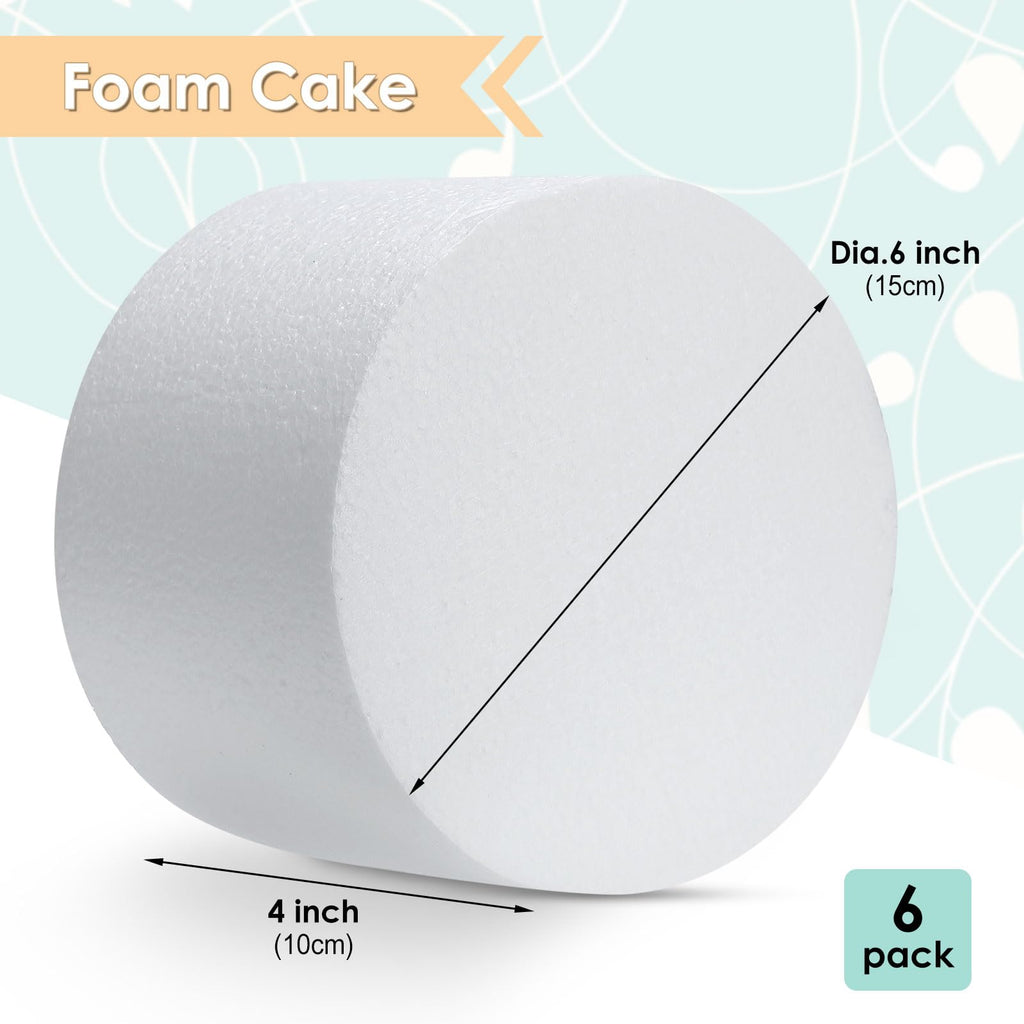 Suclain 6 Pack Round Foam Cake Dummy Tall Fake Wedding Cake for Decorating Valentine Day Baby Shower Birthday Party, White(6 x 4 Inch)