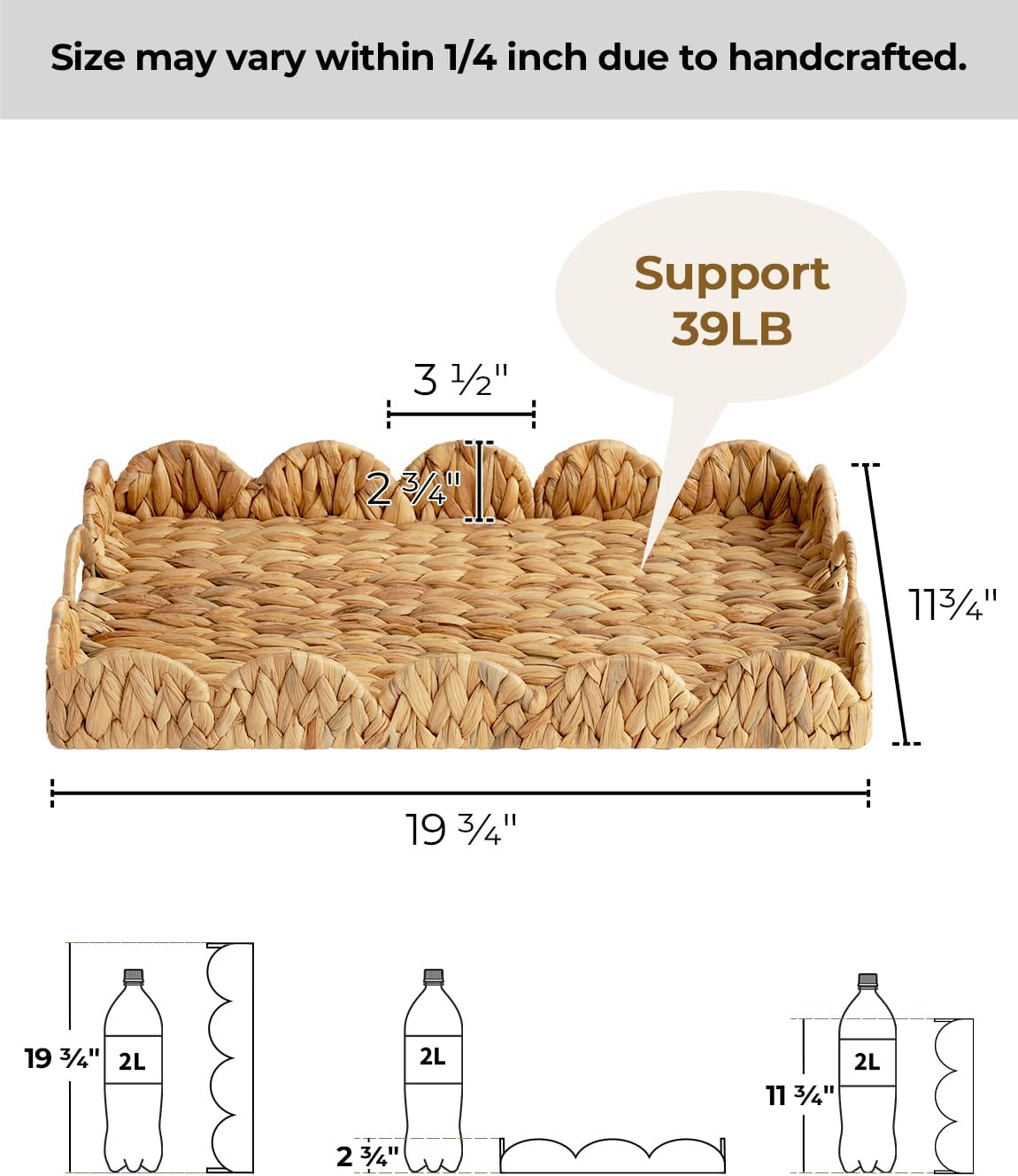 StorageWorks Wicker Serving Tray - Hand-Woven Scalloped Edge Design with Built-in Handles | Natural Water Hyacinth, Large Rectangle