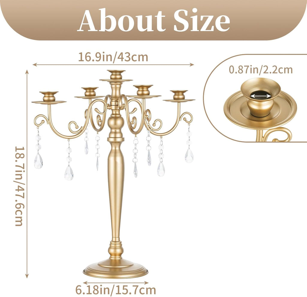 Sziqiq Gold Candelabra | 5 Arm Candle Holder - Vintage Metal Centerpiece for Weddings & Dining Tables