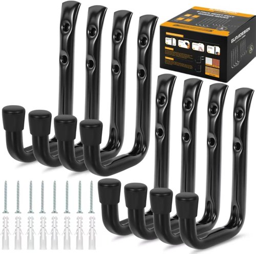 GURADESIGN Heavy Duty Garage Hooks - 8-Pack Utility Hooks for Hanging Up to 50 lbs | Black Metal