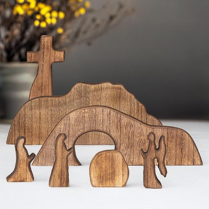 Wooden Easter Resurrection Scene, 7-Piece Empty Tomb & Cross Tabletop Decor