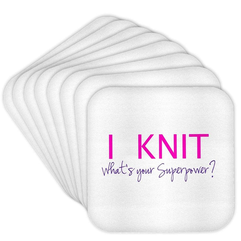 3dRose I Knit - Whats Your Superpower - Fun Gift for Knitters - Knitting Love - Soft Coasters, Set of 8 (CST_194452_2)