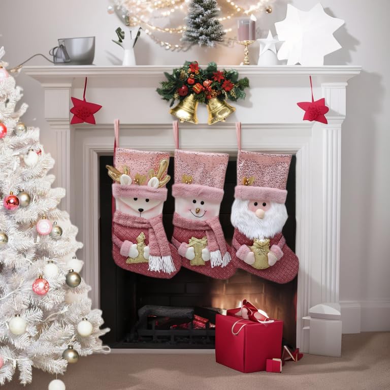 Pink Christmas Stockings with Gold Sequins & 3D Holiday Characters - 1 Pack Snowman, Santa, Reindeer, Personalized 20" Decor