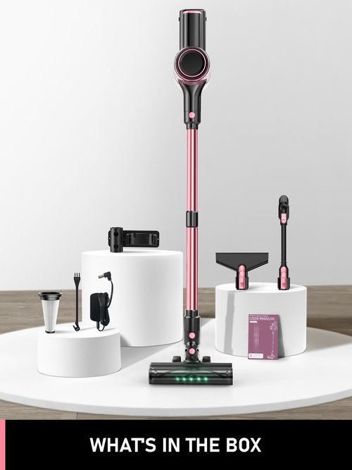 Cordless Vacuum Cleaner,40Kpa 8 in 1 Powerful Stick Vacuum, with Anti-Tangle Brush and Upgraded Green Light, 45mins Runtime Rechargeable Lightweight Vacuums for Hardwood Floor, Pet Hair (Pink)