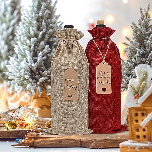 Reusable Burlap Wine Gift Bags with Drawstrings & Tags - 12 Pack (750ml)