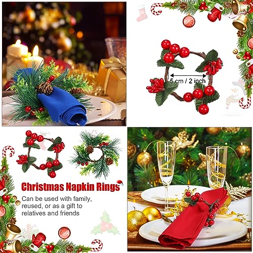 Geiserailie 12 Pcs Christmas Napkin Ring Holders, Wreath Style, Green Red (Green Leaves & Red Fruit)