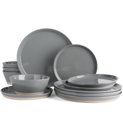 Famiware Saturn Dinnerware Sets for 4, 12 Pieces Stoneware Plates and Bowls Dish Set - Chip and Scratch Resistant, Microwave and Dishwasher Safe Tableware, Dark Gray