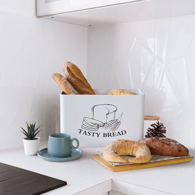 SOTECH Bread Box with 3pcs Jars Coffee Sugar Tea for Kitchen Countertop White Metal Bread Box with Bamboo Board Cover Pastry Storage Container Set Kitchen decor (NO Handle White Box)