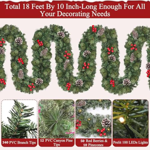 TURNMEON 18 Ft Prelit Christmas Garland with Remote Control & 8 Lighting Modes