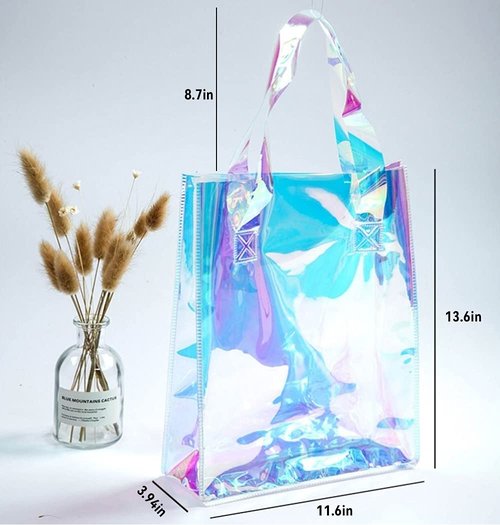 umbresen Clear Tote Bag, 2-Pack Holographic Rainbow Iridescent Handbag for Sports Fan Games, Work, Security Travel, Stadium Venues or Concert