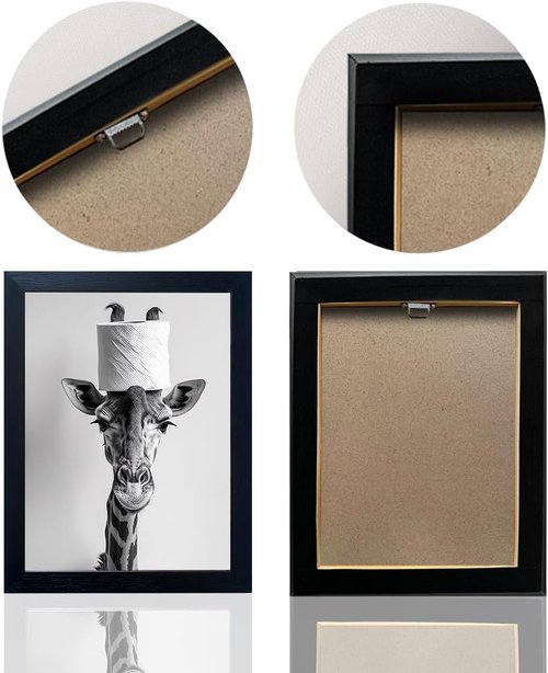 Funny Animal Wall Art - Giraffe with Toilet Paper Roll | Black and White Framed Canvas Decor