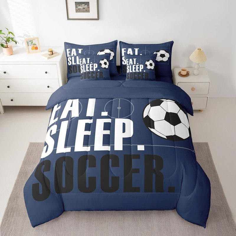 Feelyou Soccer Ball Comforter Set with Sheets Full Size Soccer Field 7 Pieces Bedding Set for Kids Boys Girls Teens Football Sports Ball Game Bed in a Bag Gift for Football Lover Bed Set