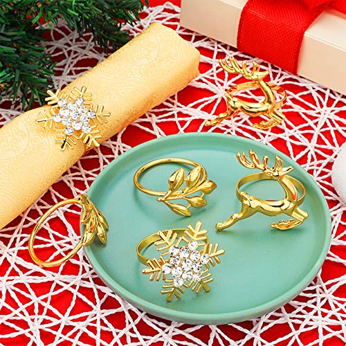 Patelai 12 Pcs Gold Christmas Napkin Rings Elk Leaf Snowflake Set