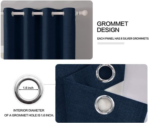 MIULEE 100% Blackout Linen Textured Curtains - Thermal Insulated Room Darkening Drapes | Midnight Blue, 52 x 84 Inch (2 Panels)
