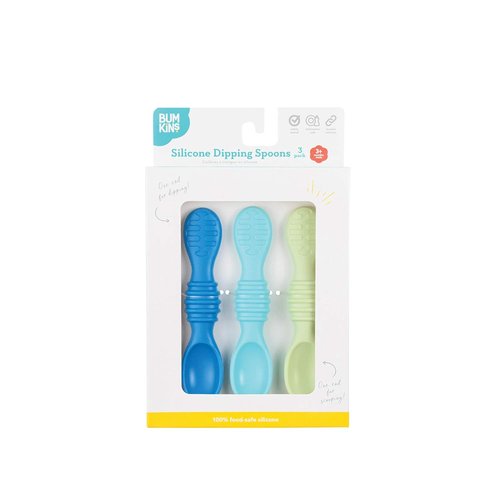 Bumkins Silicone Baby Utensil Set - Soft Tip Trainer Spoons for Self-Feeding | 3-Pack in Blue & Green