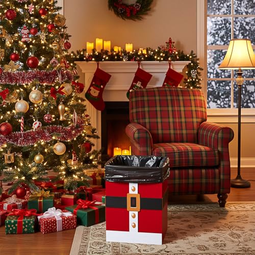 Santa Christmas Wastebasket - Wooden Trash Can for Home Decor