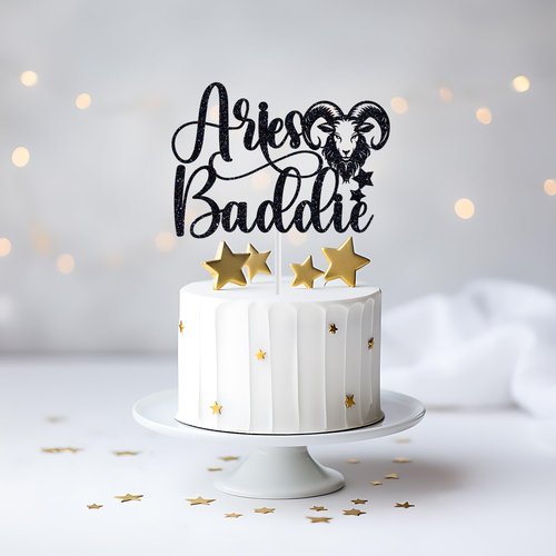 Aries Baddie Cake Topper - Zodiac Birthday Decor with Black Glitter | Perfect for March & April Celebrations