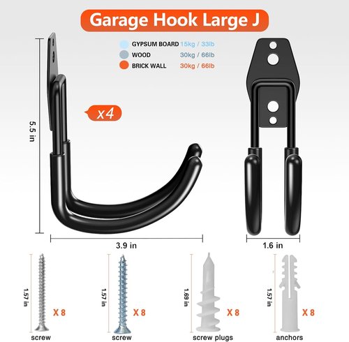 HUPBIPY Heavy Duty Garage Hooks - J Shaped Wall Mounted Tool Organizer | 4 Pack for Ladders, Bikes, and More