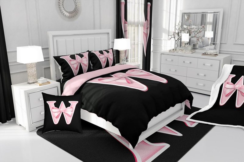 jejeloiu Kawaii Pink Bow Queen Comforter Set with Sheets,Gifts for Women Teen Girl,Monogrammed 7 Piece Bedding Set,Soft Personalized Initial Letter W Bed in a Bag with Comforter,Sheets,Pillowcases