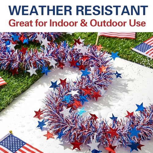 50ft Patriotic Tinsel Garland - Red White & Blue Metallic Star Decor