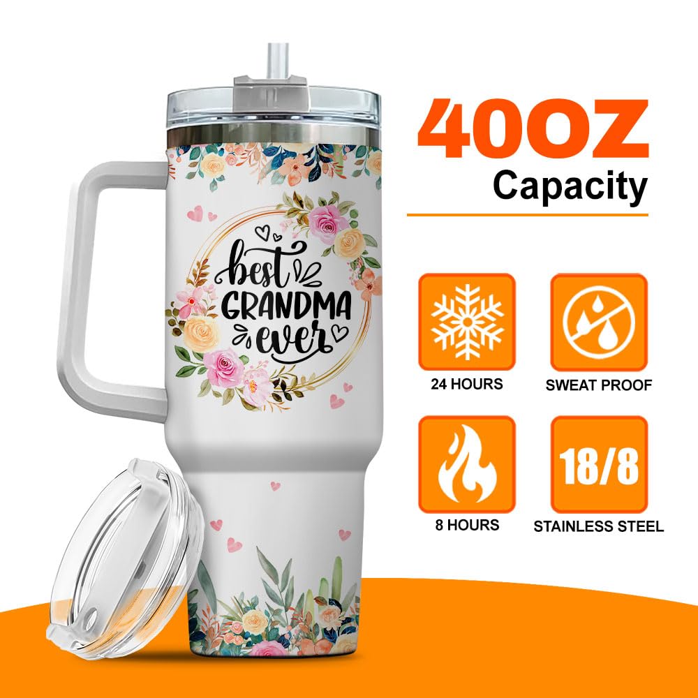 99WHALE Grandma Gifts, Grandma Watercolor Floral Nutrition Facts, Tumbler 40 Oz With Handle Lid And Straw, Handle Grandmas Cup For Great Heart Sippy Flower Best Ever Coffee Cups Nana