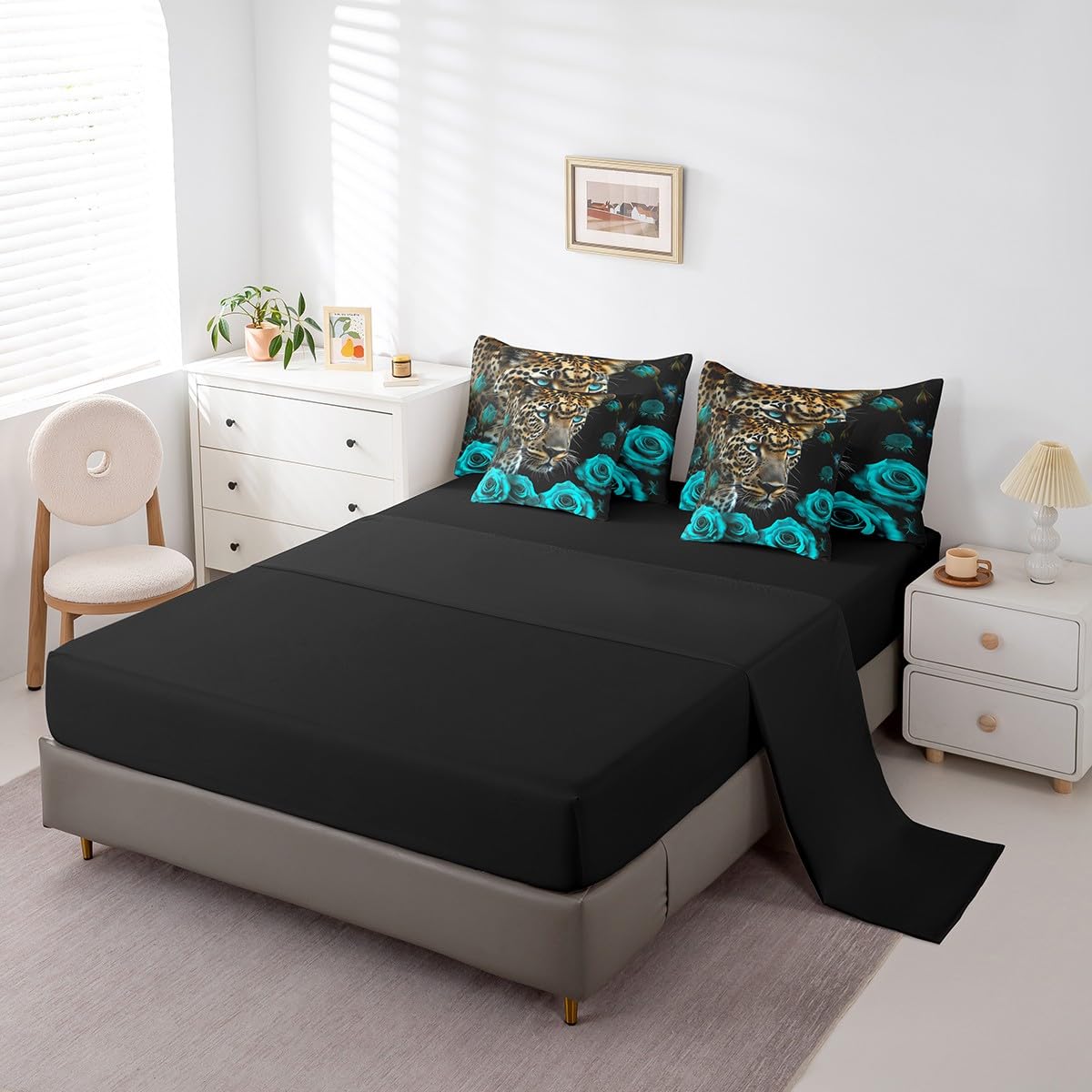 Erosebridal Cheetah Full Comforter Set - 7 Pieces Turquoise Teal Rose Bedding Sets Full Bed in a Bag with Reversible Leopard Print African Animals Big Cat Comforter,Sheets,Pillowcases & Shams