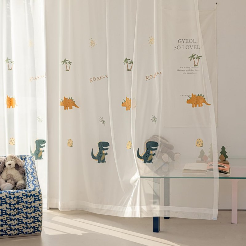 KMSG Cartoon Dinosaur Sheer Kids Curtains Embroidery Voile Drapes Nursery Curtains for Children Boys Baby Bedroom Living Room Light Filtering Window Tratement Grommet Top 1 Panel W52 x L96 Inch