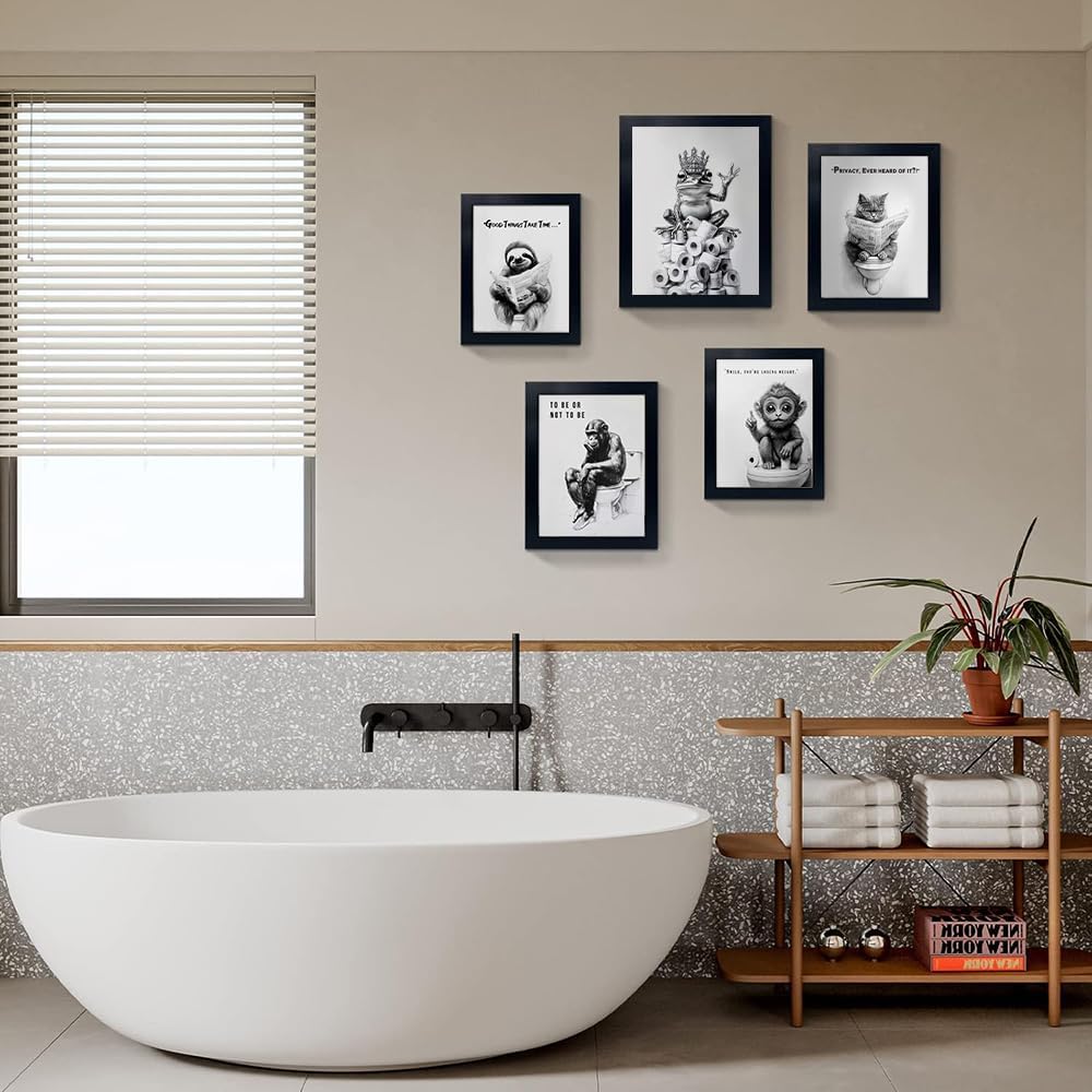 Orvannaatr Bathroom Wall Art - Framed Black and White Frog Decor | Playful Toilet Paper Design