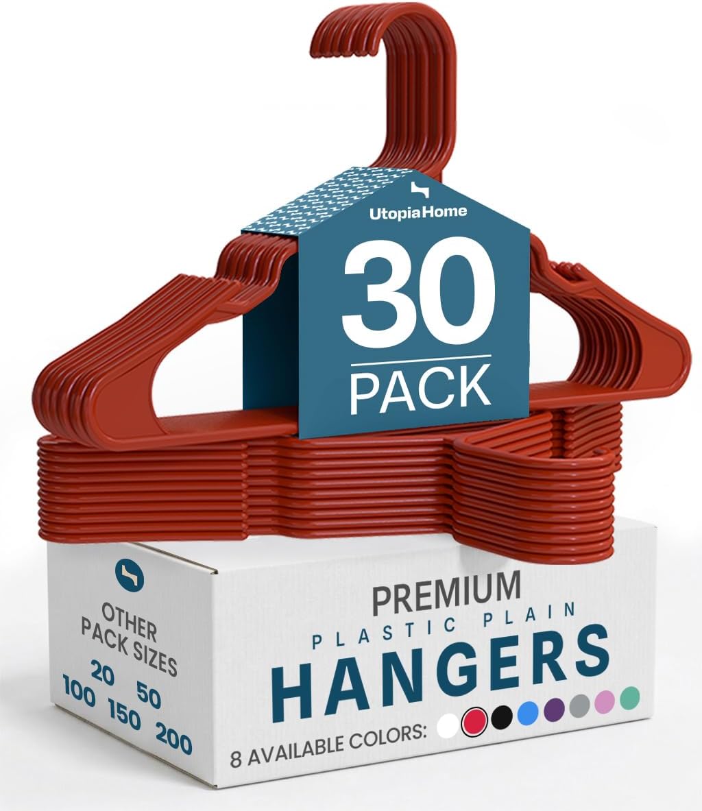 Utopia Home Plastic Hangers - Durable Space-Saving Clothes Hangers - 30 Pack in Red