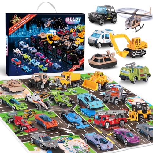 Toy Vehicle Advent Calendar - 24 Day Christmas Countdown Set with Play Map