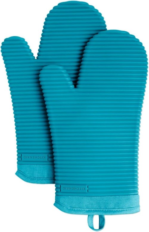 KitchenAid Ribbed Soft Silicone Oven Mitts - 2-Pack Set, 7.5"x13", Ocean Drive Color