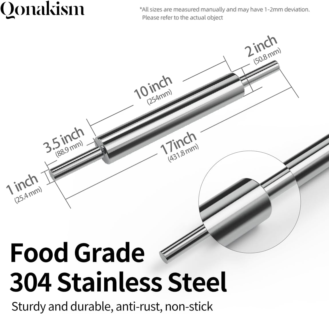 Skiennix Rolling Pin - 17-Inch 304 Stainless Steel Dough Roller for Baking Pizza & Cookies