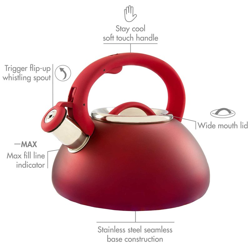Primula Avalon Whistling Kettle - Whistling Spout, Locking Spout Cover, and Stay-Cool Handle - Stainless Steel - 2.5 Quarts - Matte Red (PAVRE-6225)