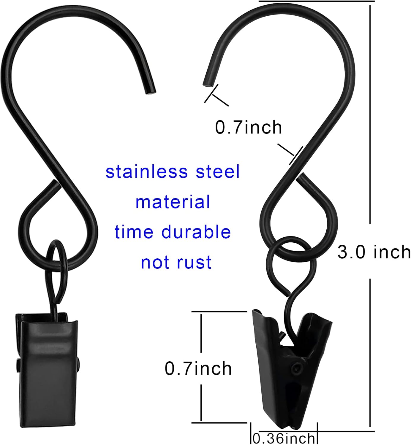 Stainless Steel S Hooks - 50 Pack Curtain Clips for Hanging Lights & Art Displays | 3 Inch, Black