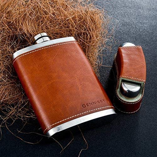 GENNISSY 8oz Hip Flask for Men Brown Leather Wrap - Leakproof Stainless Steel Gift Set with Funnel & Mini Cups