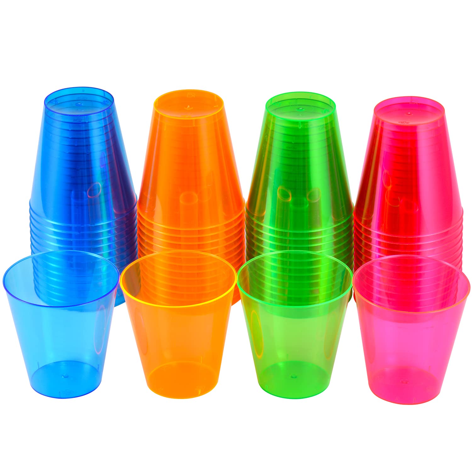 QIANQUEYUE 250 Pack 2oz Disposable Hard Plastic Cups Shot Glasses, Jello Cups, Iridescent Neon Birthday Christmas Party Supplies