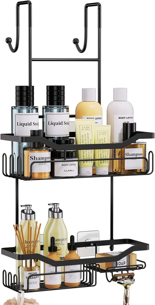HapiRm Hanging Shower Caddy - No-Drill Over the Door Organizer with Soap Holder & 11 Hooks | Rustproof 304 Stainless Steel - Black