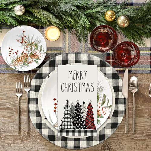 Horaldaily Christmas Paper Napkins 100 Pcs, Xmas Tree Buffalo Plaid, 4.3 x 7.9 Inches, White