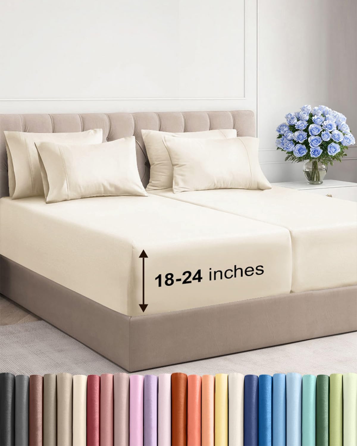 Skiennix Extra Deep Split King Sheet Set - 7 Piece Cooling Bedding - Soft, Wrinkle-Free, Off White