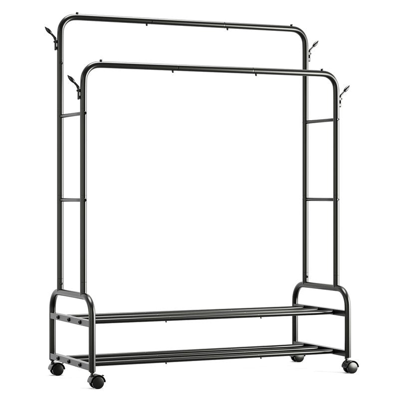 TigerParty Double Rods Clothes Rack for Hanging Clothes, Rolling Clothing Rack with Wheels, Freestanding Garment Racks with 2 Shelves for Bedroom Laundry Living Room