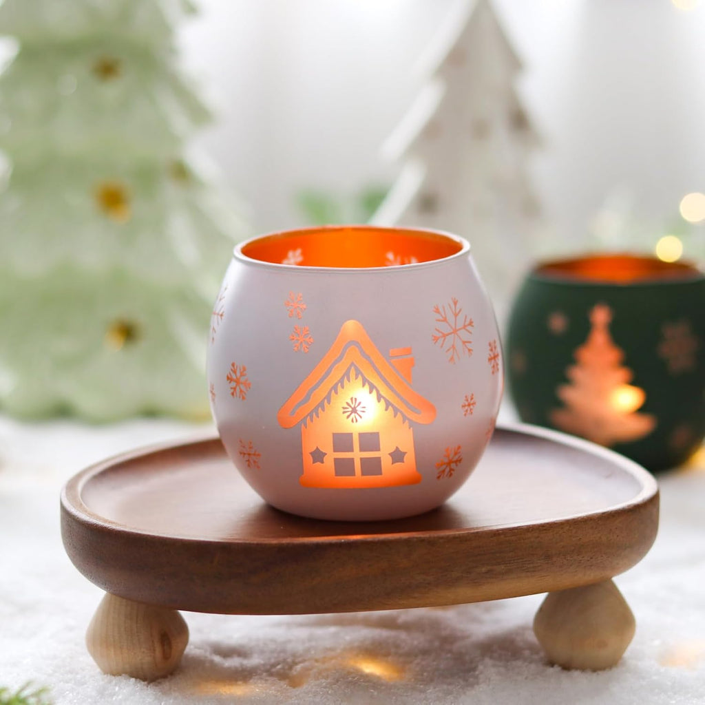 Skiennix Christmas Candle Holders - Set of 4 Frosted Glass Tealight Votives | Holiday Table Centerpiece (Red, Green, White)
