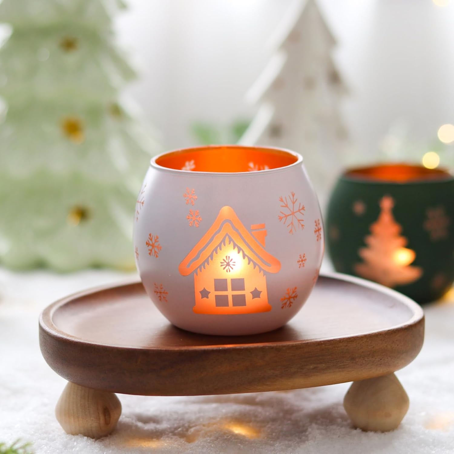 Skiennix Christmas Candle Holders - Set of 4 Frosted Glass Tealight Votives | Holiday Table Centerpiece (Red, Green, White)