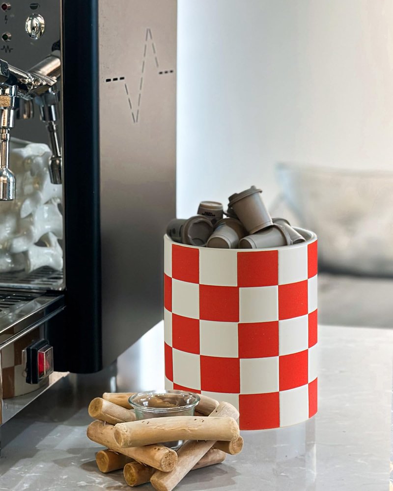 Swkien Utensil Holder, 7.2 Inch Checkered Utensil Holder, Ceramic Cooking Utensil Spoon/Spatula Holder for Countertop, Kitchen Decor and Accessories for counte(Red)