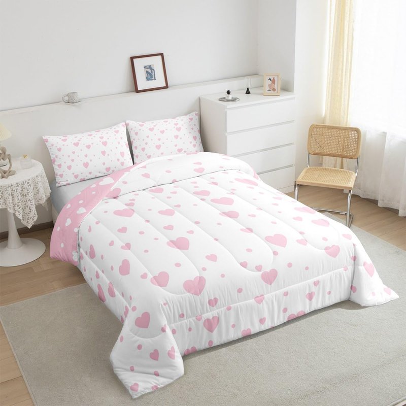 Feelyou Hearts Bedding Set Twin, Cute Love Hearts Comforter for Boys Girls Pink and White Reversible Comforter Set Geometric Pattern Duvet Set Decorative with 1 Pillow Case Reversible