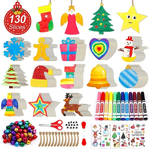 Shuttle Art 360-Piece Wooden Christmas Ornament Kit – 130 Unfinished Wood Slices, 12 Markers, 50 Bells & 130 Jute Twine
