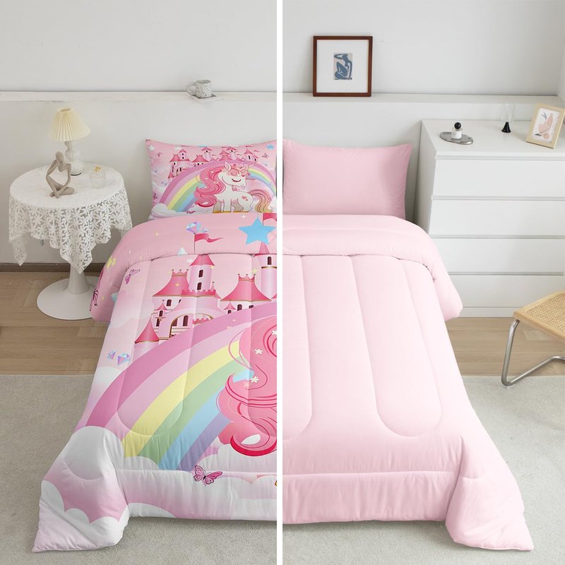 Erosebridal Unicorn Queen Comforter Set for Girls Kids Rainbow Princess Pink Unicorn Bedding Set Teens Adult Kawaii Cute Castle Stars Bed Sets Cartoon Horse Reversible Quilt Fantasy Girls Room Decor