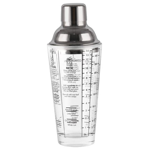 JNWINOG Cocktail Shaker Glass,Martini Shaker With Recipes on Side 13.5oz Mixed Drink Shaker with Glass Cup Professional Bar Tool with Scale Glass (Recipes)