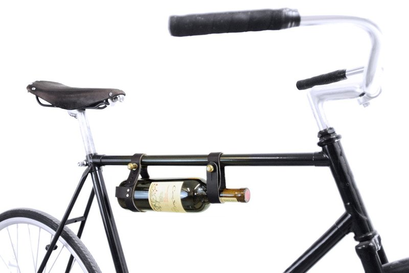 The Bicycle Wine Rack - Bike Bottle Holder and Carrier for Picnics - Handmade Leather Accessory (Black)