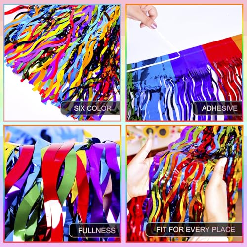 Rainbow Metallic Foil Fringe Table Skirt - 2 Pack Wavy Tinsel Party Decor